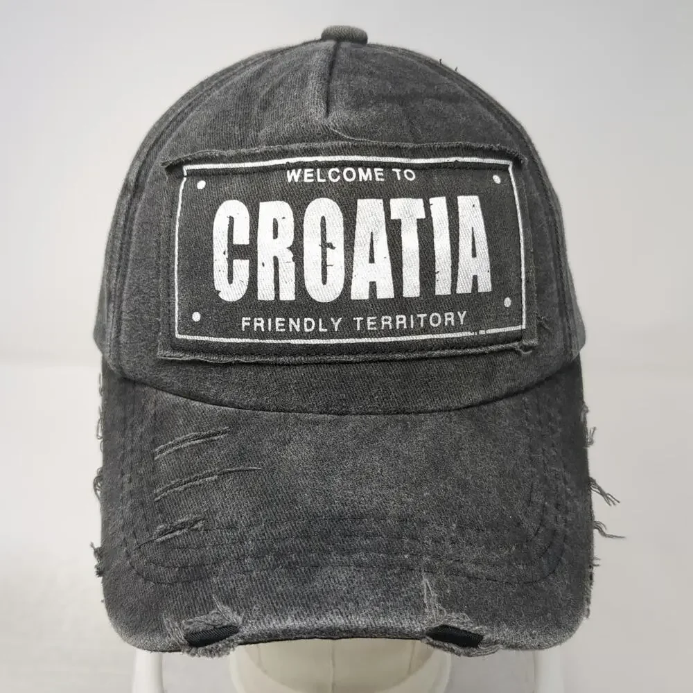 Dolphin Club 5 Panel Gray One Size Hat Croatia Patch Frayed Slideback Cotton